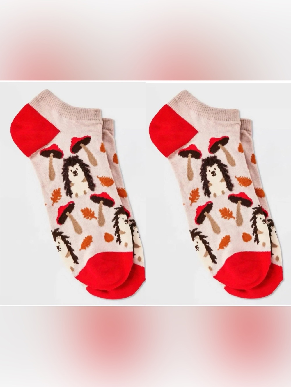 Hello Socks Womens Hedgehog Mushroom Autumn Low Cut Ankle Socks Tan Red 4-10